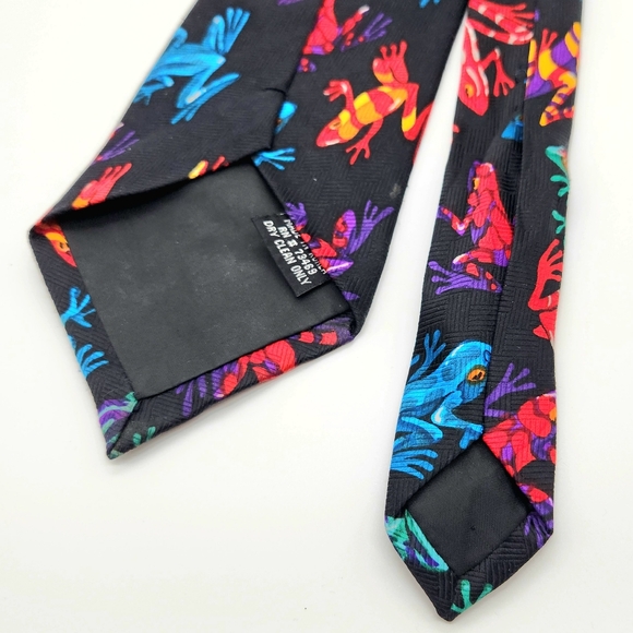 Vtg Addiction Men’s Necktie Tie Black Colorful Rainforest Tropical Tree Frogs - Picture 4 of 9